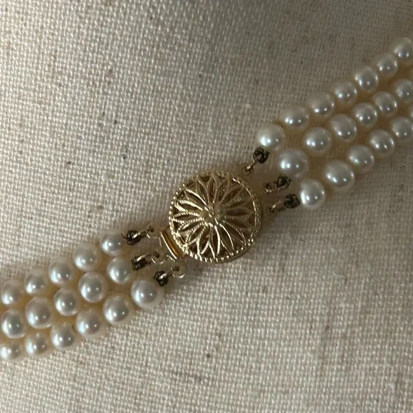 Vintage 14K Gold Cultured Pearl 3 Strand Necklace 17-1/2” - Picture 5 of 9